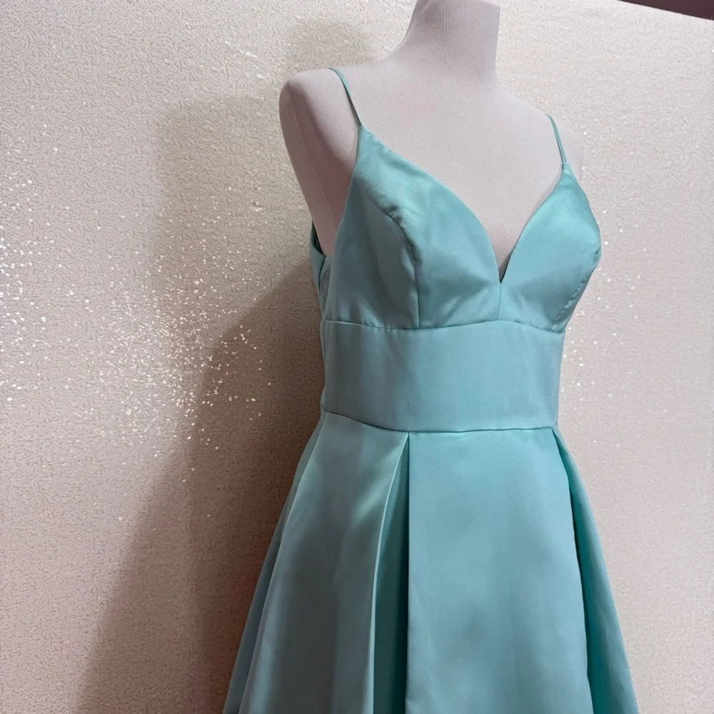 B. Darlin Aqua Teal Satin Maxi Gown Dress Size 11/12 Formal Prom